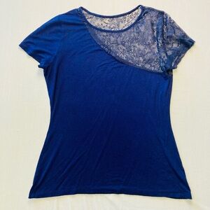 Navy Blue Short Sleeve Tee with Asymmetrical Shoulder Lace Detail by Venus